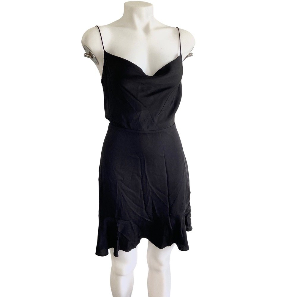 Intermix Black Silk Cowl Neck Ruffle Hem Mini Dress Spaghetti Strap Size 6